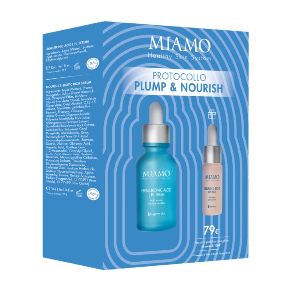 MIAMO COFANETTO 2025 PLUMP & HYDRA 1 RUGHE DI DISIDRATAZIONE HYALURONIC ACID LH SERUM 30 ML + 1 NOURISH 3 BIOTIC 10 ML - farmagiri