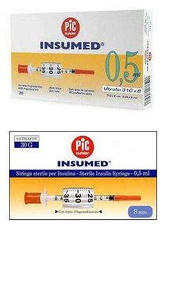 SIRINGA PER INSULINA PIC INSUMED 0,5 ML 100 UI AGO GAUGE 29 LUNGHEZZA 12,7 MM SENZA SPAZIO MORTO 3 SACCHETTI DA 30 PEZZI - farmagiri