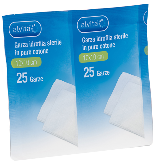 GARZA IDROFILA IN PURO COTONE ALVITA 10X10CM 25 PEZZI - farmagiri