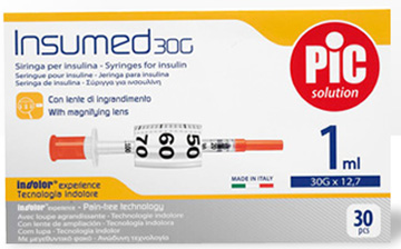 SIRINGA INSULINA PIC INSUMED 1 ML 100 UI AGO GAUGE 30 12,7 MM SENZA SPAZIO MORTO 30 PEZZI - farmagiri