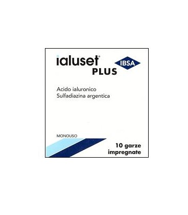 GARZA IALUSET PLUS IMPREGNATA DI CREMA DI ACIDO IALURONICO 0,05%, DI SULFADIAZINA ARGENTICA 1%, MACROGOL, GLICEROLO E ACQUA 10 X 10 CM 10 PEZZI - farmagiri