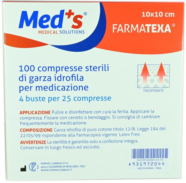 GARZA COMPRESSA IDROFILA MEDS FARMATEXA 2/8 10X10CM 100 PEZZI - farmagiri