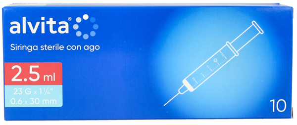 SIRINGA PER INFUSIONE E IRRIGAZIONE ALVITA 2,5 ML CON AGO 23 GAUGE 1 1/4 0,6X30MM 10 PEZZI - farmagiri