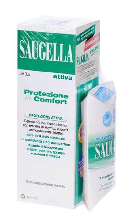 SAUGELLA PROTEZIONE&COMFORT BUNDLE 1 ATTIVA 250 ML + 3 ASSORBENTI INTERNI REGULAR IN OMAGGIO + GADGET STICKERS MOTIVAZIONALI - farmagiri