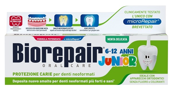 BIOREPAIR ORAL CARE JUNIOR 6-12 ANNI DENTIFRICIO PROTEZIONE ANTI CARIE SMALTO NEOFORMATO ALLA MENTA DELICATA 75 ML - farmagiri