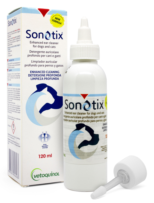 SONOTIX DETERGENTE AURICOLARE PROFONDO CANI E GATTI 120 ML + CANNULA CORTA RIGIDA + CANNULA LUNGA FLESSIBILE - farmagiri