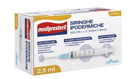 SIRINGA IPODERMICA MEDIPRESTERIL AGO 23 GAUGE 1 1/4 0,6X30MM 2,5 ML 10 PEZZI - farmagiri