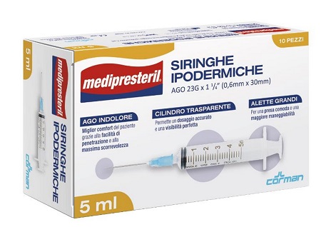 SIRINGA IPODERMICA MEDIPRESTERIL AGO 23 GAUGE 1 1/4 0,5X30MM 5 ML 10 PEZZI - farmagiri