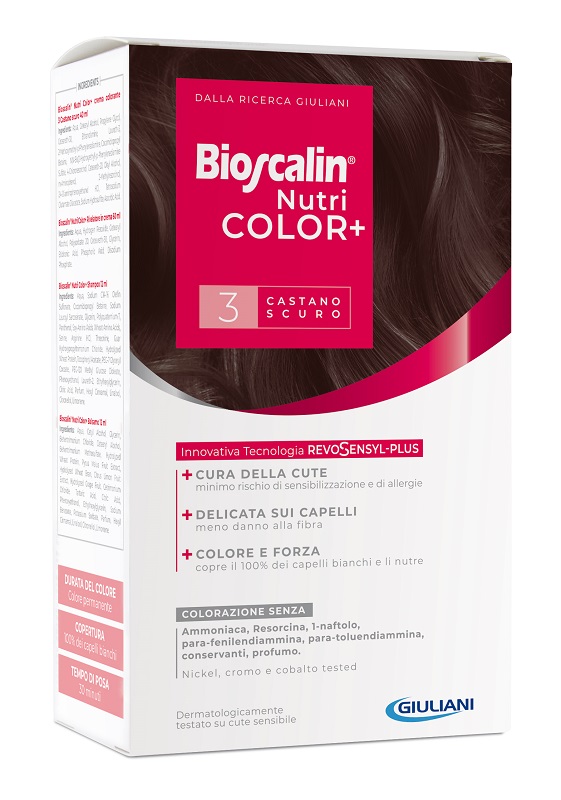 BIOSCALIN NUTRICOLOR PLUS 3 CASTANO SCURO CREMA COLORANTE 40 ML + RIVELATORE CREMA 60 ML + SHAMPOO 12 ML + TRATTAMENTO FINALE BALSAMO 12 ML - farmagiri