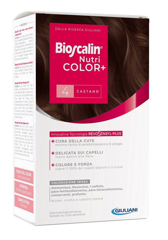 BIOSCALIN NUTRICOLOR PLUS 4 CASTANO CREMA COLORANTE 40 ML + RIVELATORE CREMA 60 ML + SHAMPOO 12 ML + TRATTAMENTO FINALE BALSAMO 12 ML - farmagiri