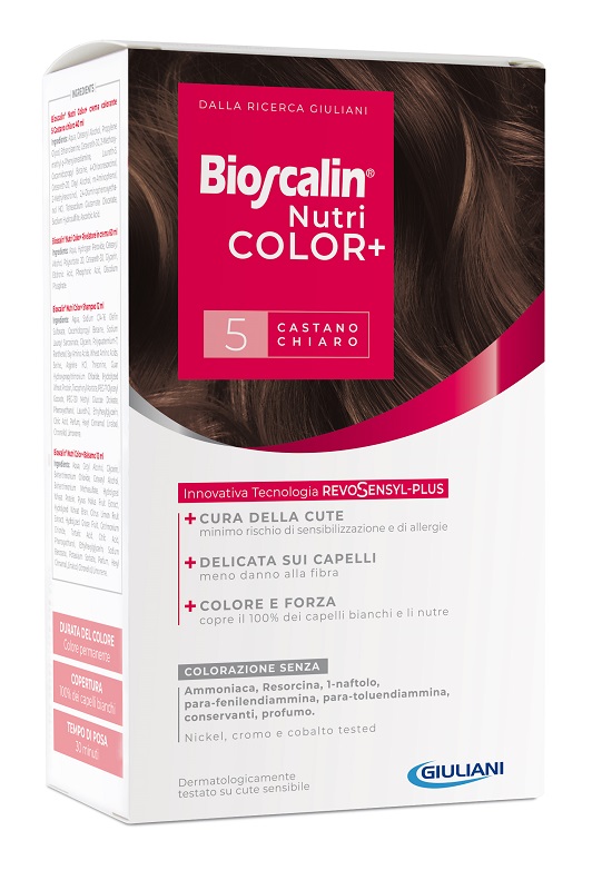 BIOSCALIN NUTRICOLOR PLUS 5 CASTANO CHIARO CREMA COLORANTE 40 ML + RIVELATORE CREMA 60 ML + SHAMPOO 12 ML + TRATTAMENTO FINALE BALSAMO 12 ML - farmagiri