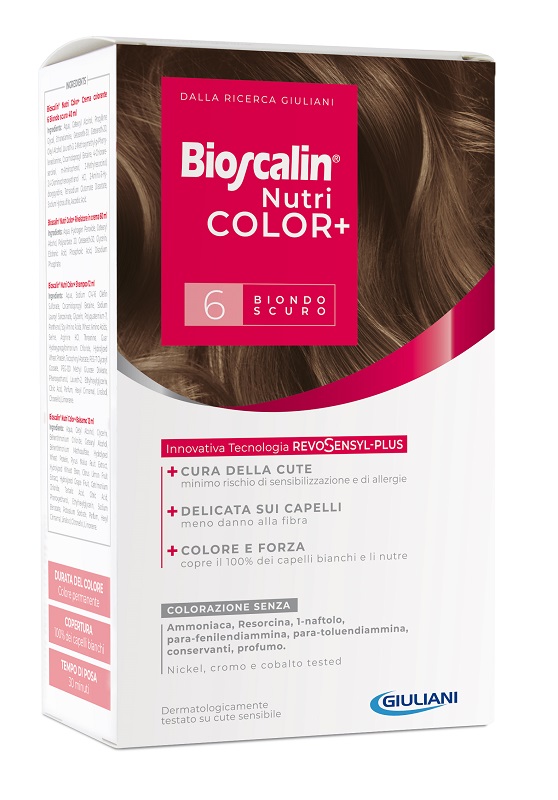 BIOSCALIN NUTRICOLOR PLUS 6 BIONDO SCURO CREMA COLORANTE 40 ML + RIVELATORE CREMA 60 ML + SHAMPOO 12 ML + TRATTAMENTO FINALE BALSAMO 12 ML - farmagiri