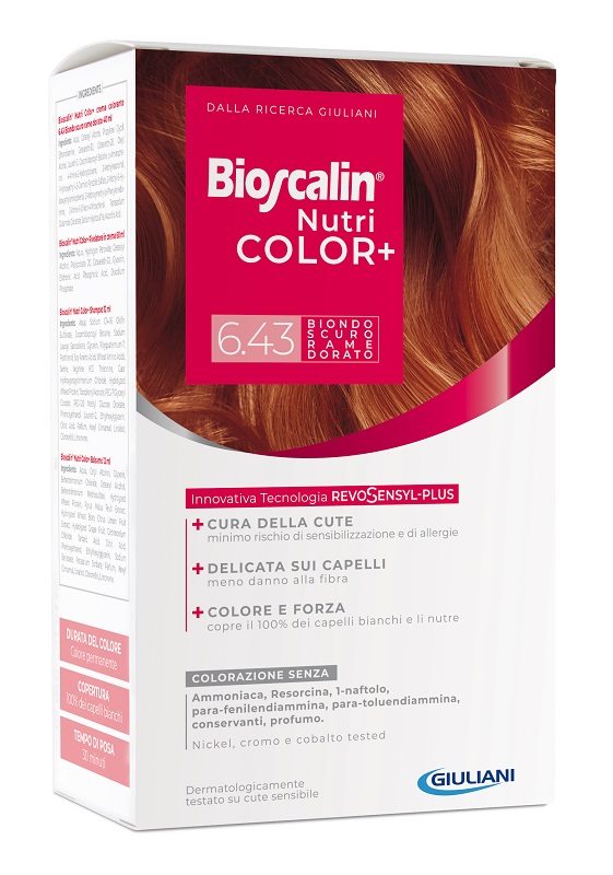 BIOSCALIN NUTRICOLOR PLUS 6,43 BIONDO SCURO RAME DORATO CREMA COLORANTE 40 ML + RIVELATORE CREMA 60 ML + SHAMPOO 12 ML + TRATTAMENTO FINALE BALSAMO 12 ML - farmagiri