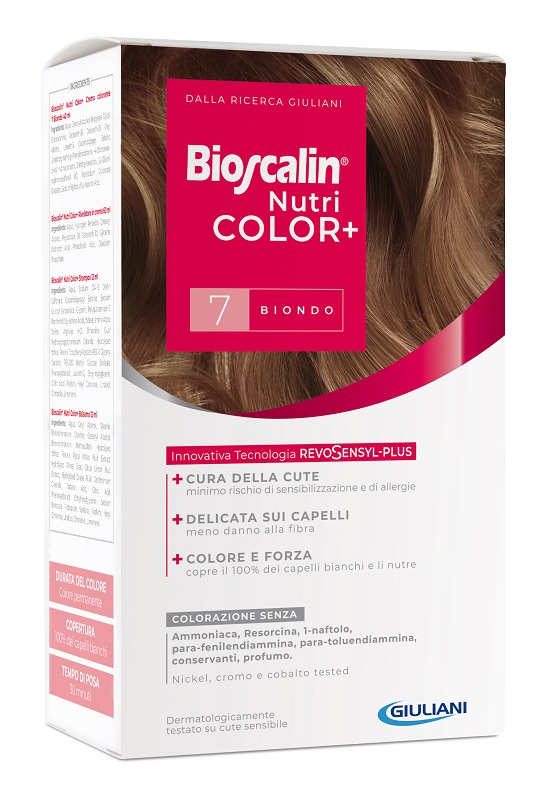 BIOSCALIN NUTRICOLOR PLUS 7 BIONDO CREMA COLORANTE 40 ML + RIVELATORE CREMA 60 ML + SHAMPOO 12 ML + TRATTAMENTO FINALE BALSAMO 12 ML - farmagiri