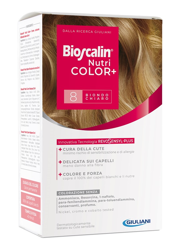 BIOSCALIN NUTRICOLOR PLUS 8 BIONDO CHIARO CREMA COLORANTE 40 ML + RIVELATORE CREMA 60 ML + SHAMPOO 12 ML + TRATTAMENTO FINALE BALSAMO 12 ML - farmagiri