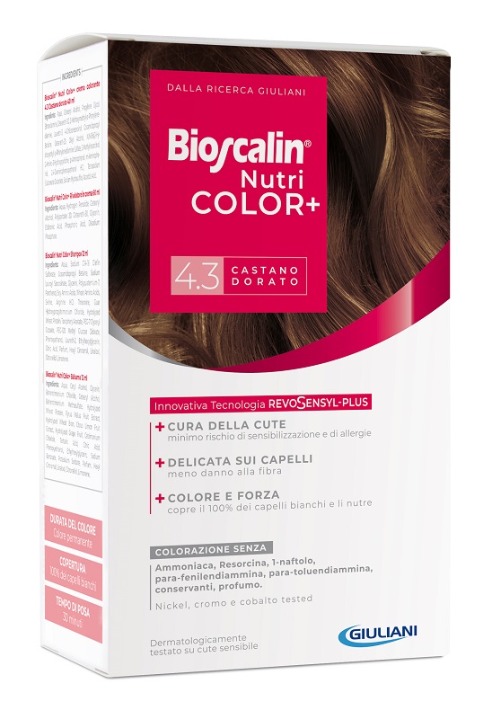BIOSCALIN NUTRICOLOR PLUS 4,3 CASTANO DORATO CREMA COLORANTE 40 ML + RIVELATORE CREMA 60 ML + SHAMPOO 12 ML + TRATTAMENTO FINALE BALSAMO 12 ML - farmagiri