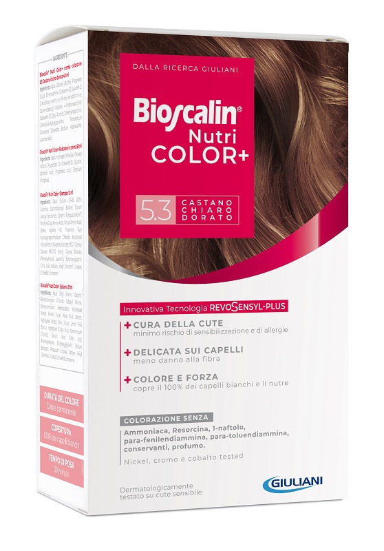 BIOSCALIN NUTRICOLOR PLUS 5,3 CASTANO CHIARO DORATO CREMA COLORANTE 40 ML + RIVELATORE CREMA 60 ML + SHAMPOO 12 ML + TRATTAMENTO FINALE BALSAMO 12 ML - farmagiri