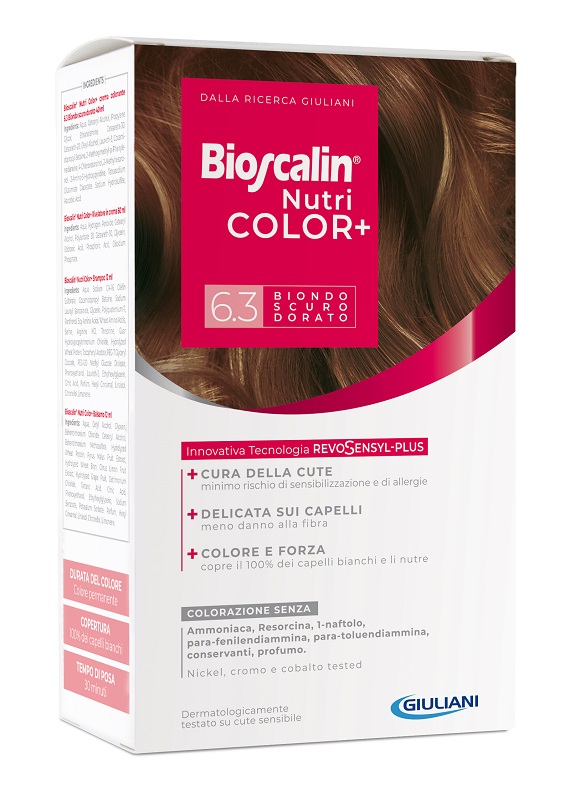 BIOSCALIN NUTRICOLOR PLUS 6,3 BIONDO SCURO DORATO CREMA COLORANTE 40 ML + RIVELATORE CREMA 60 ML + SHAMPOO 12 ML + TRATTAMENTO FINALE BALSAMO 12 ML - farmagiri