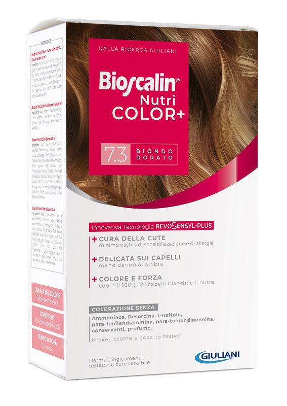 BIOSCALIN NUTRICOLOR PLUS 7,3 BIONDO DORATO CREMA COLORANTE 40 ML + RIVELATORE CREMA 60 ML + SHAMPOO 12 ML + TRATTAMENTO FINALE BALSAMO 12 ML - farmagiri