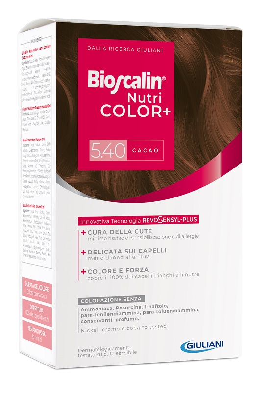 BIOSCALIN NUTRICOLOR PLUS 5,40 CACAO CREMA COLORANTE 40 ML + RIVELATORE CREMA 60 ML + SHAMPOO 12 ML + TRATTAMENTO FINALE BALSAMO 12 ML - farmagiri