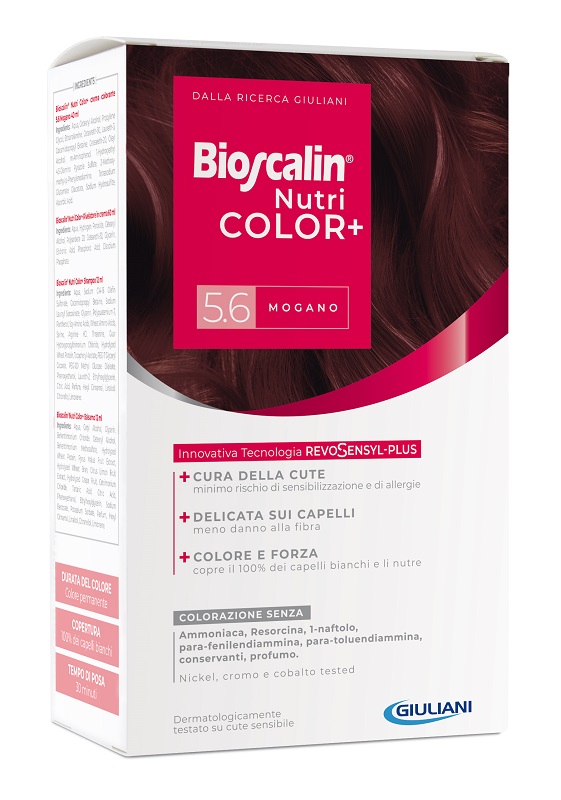 BIOSCALIN NUTRICOLOR PLUS 5,6 MOGANO CREMA COLORANTE 40 ML + RIVELATORE CREMA 60 ML + SHAMPOO 12 ML + TRATTAMENTO FINALE BALSAMO 12 ML - farmagiri