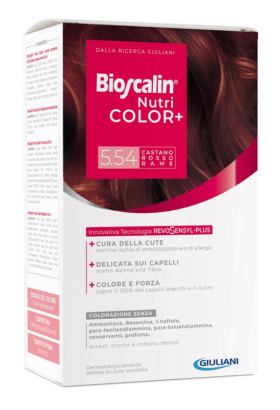 BIOSCALIN NUTRICOLOR PLUS 5,54 CASTANO ROSSO RAME CREMA COLORANTE 40 ML + RIVELATORE CREMA 60 ML + SHAMPOO 12 ML + TRATTAMENTO FINALE BALSAMO 12 ML - farmagiri