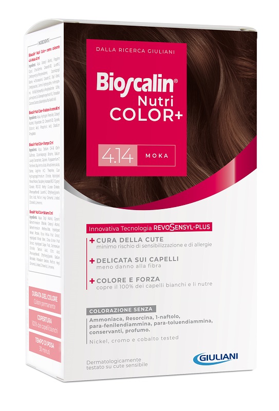 BIOSCALIN NUTRICOLOR PLUS 4,14 MOKA CREMA COLORANTE 40 ML + RIVELATORE CREMA 60 ML + SHAMPOO 12 ML + TRATTAMENTO FINALE BALSAMO 12 ML - farmagiri