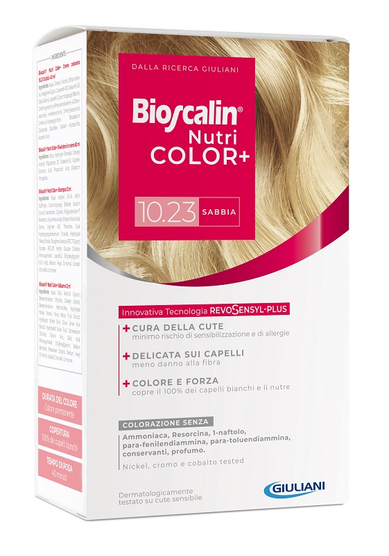 BIOSCALIN NUTRICOLOR PLUS 10,23 SABBIA CREMA COLORANTE 40 ML + RIVELATORE CREMA 60 ML + SHAMPOO 12 ML + TRATTAMENTO FINALE BALSAMO 12 ML - farmagiri