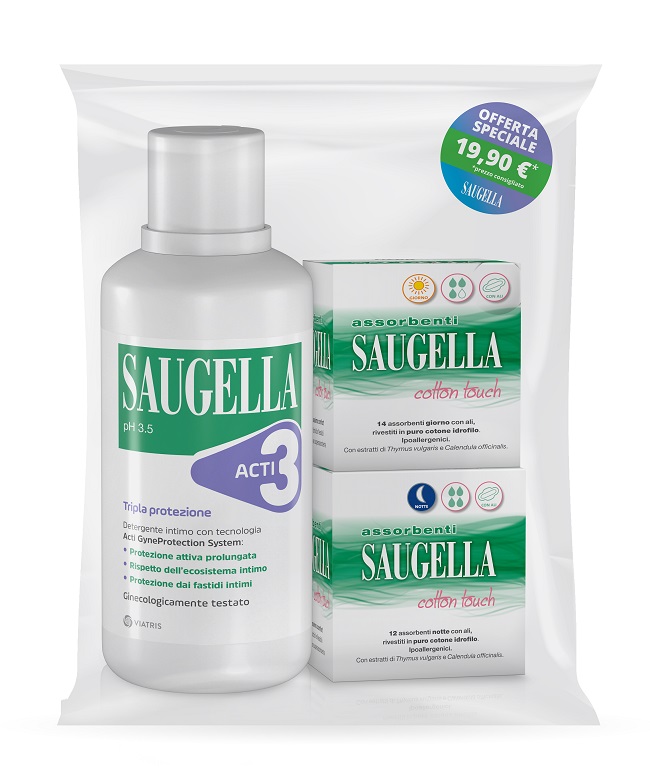 SAUGELLA ACTI3 DETERGENTE INTIMO + 2 SCATOLE ASSORBENTI GIORNO E NOTTE - farmagiri