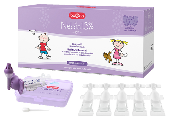 NEBIAL 3% KIT 20 FLACONCINI MONODOSE 5ML SOLUZIONE IPERTONICA CON ACIDO IALURONICO + NEBULIZZATORE SPRAY-SOL - farmagiri